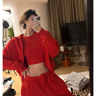 新年衣服红色卫衣卫裤 两件套洋气 女春秋冬季 辣妹炸街加绒运动套装