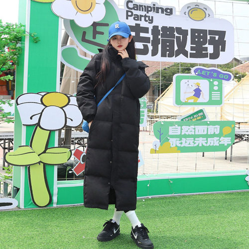 中戏黑色连帽羽绒棉服女长版过膝2023冬季新款韩版宽松百搭面包服