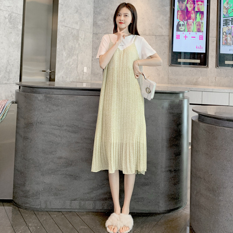 孕妇连衣裙2023夏装新款长款过膝个性辣妈碎花雪纺裙仙女百褶裙潮
