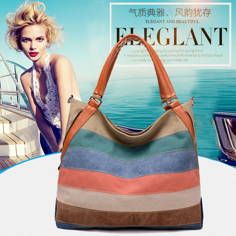 帆布包女夏撞色女士单肩手提袋2021新款休闲简约大包包斜挎包女包