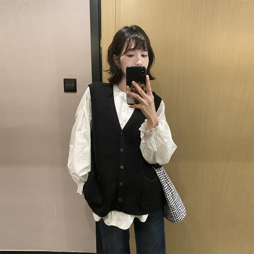 孕妇韩版v领双口袋针织马甲开衫春秋新款宽松慵懒风毛衣背心