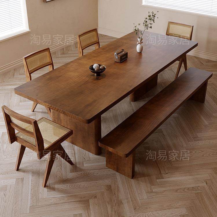 简约原木组创意餐桌椅全实长条桌木7895工作台家用合餐书一体吃饭