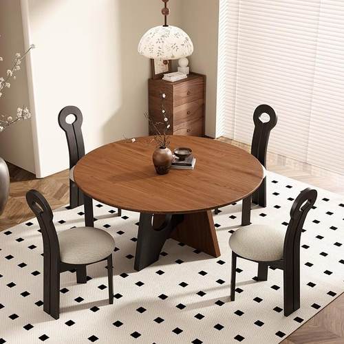 式复古简约餐桌家用饭桌中古风实木圆形蜡可定制白圆桌子法餐桌椅