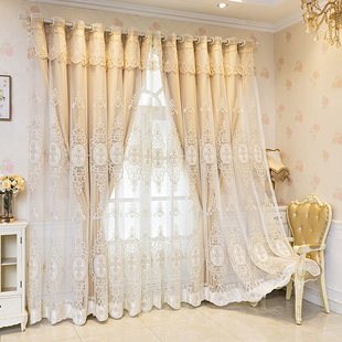 奢华欧式加厚绣花窗帘成品布纱双层一体遮光客厅卧室棉麻窗帘定制