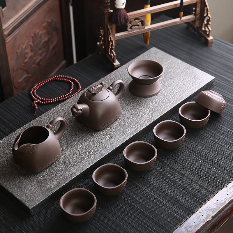 紫砂茶具原矿老紫泥宜兴茶具纯手工茶壶茶杯紫砂雕刻logo茶具套装