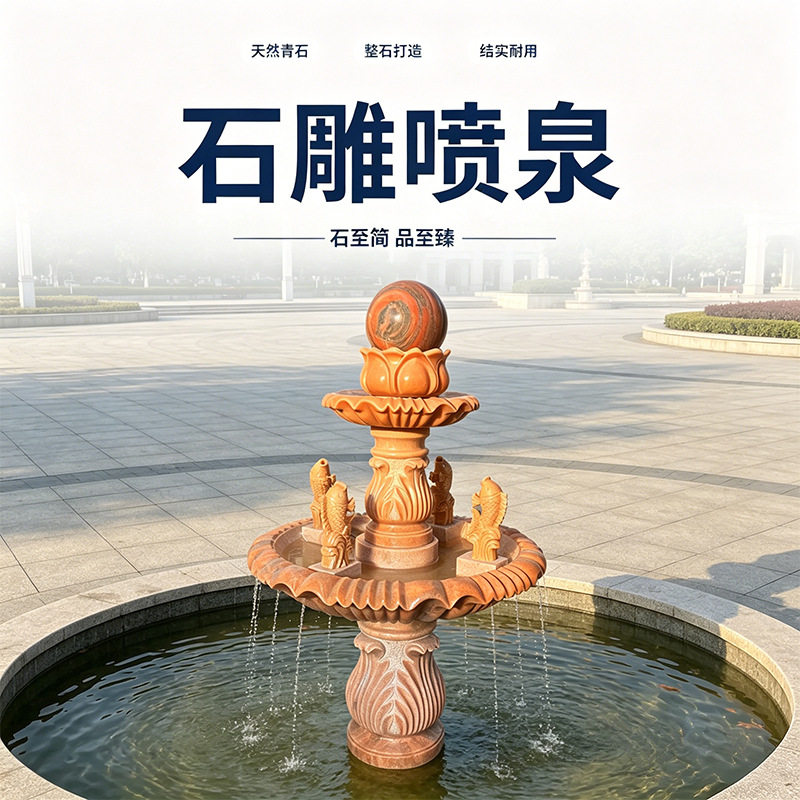 大理石喷泉别墅装饰晚霞红风水球跌水水钵石雕户外流水造景雕塑