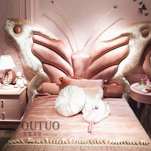 蝴蝶床粉色女孩梦幻创意儿童床实木欧式 公主床网红床软包布艺1.35