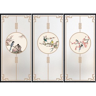 书房中式窗格花鸟定制磨砂静电玻璃贴膜客厅隔间拉门不透明贴画