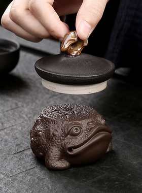 紫砂招财金蟾摆件家居装饰客厅办公室玄关电视柜桌面摆设茶宠盖置