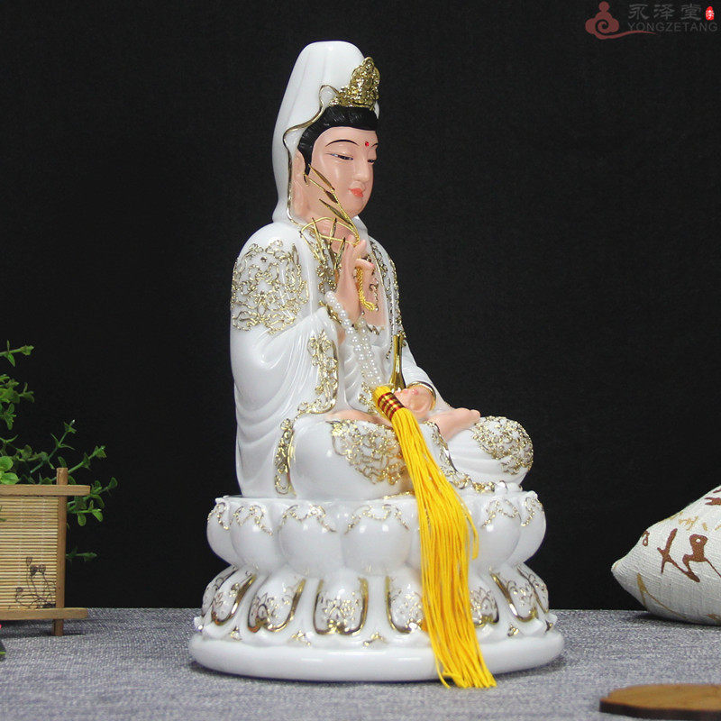 12/16寸汉白玉金描观世音菩萨全莲自在滴水宝瓶观音佛像家居摆件
