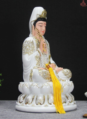 12/16寸汉白玉金描观世音菩萨全莲自在滴水宝瓶观音佛像家居摆件