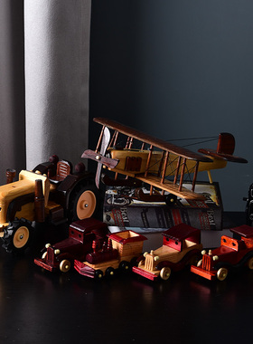 复古老爷车模型摆件家居实木飞机玄关小摆设客厅酒柜办公室装饰品