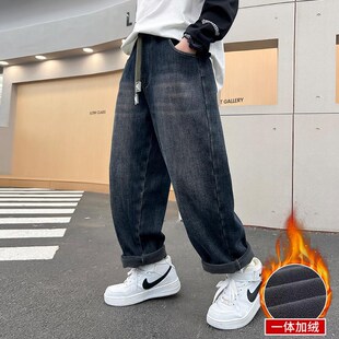 男童牛仔裤新款儿童宽松加绒长裤一体绒保暖裤子中大童厚绒弹力软