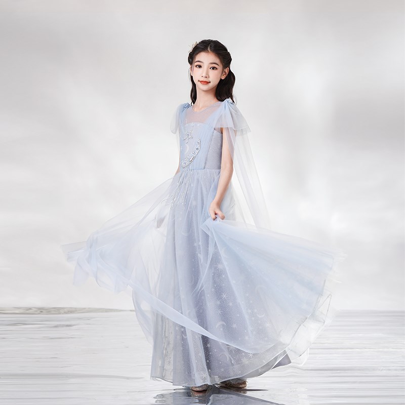 中国风蓝色儿童演出服民乐古筝大童女童演奏古风主持合唱礼服春夏