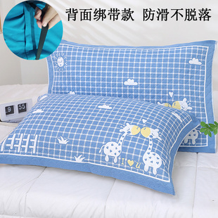 全棉枕巾可固定绑带款防滑防脱落吸汗盖巾加厚纯棉纱布枕巾一对装