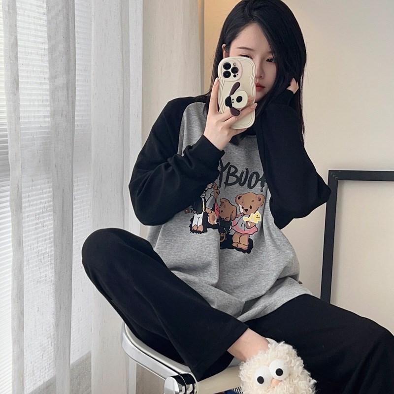 四只熊拼色插肩长袖睡衣女春秋透气舒适春棉卡通家居服套装可外穿