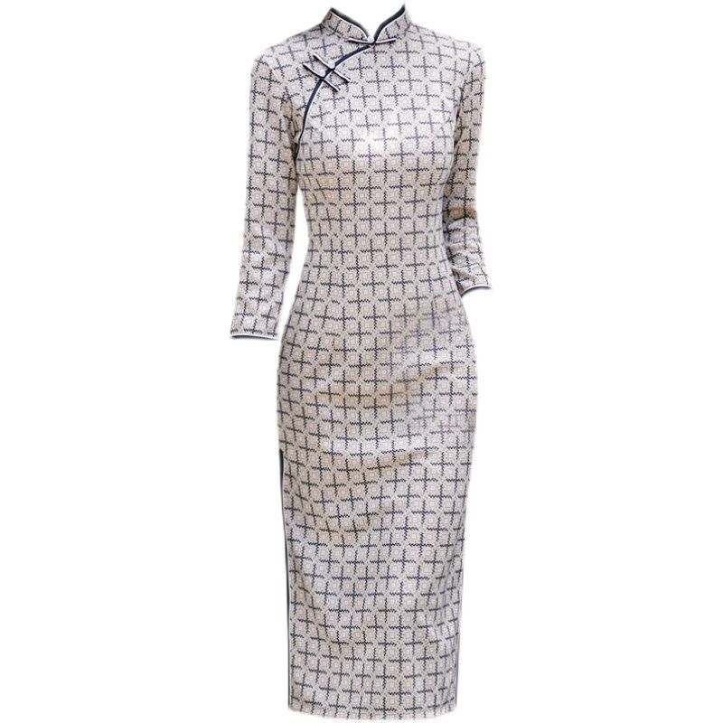 秋冬旗袍2024年新款小个子妈妈女装连衣裙针织棉长袖保暖格子礼服