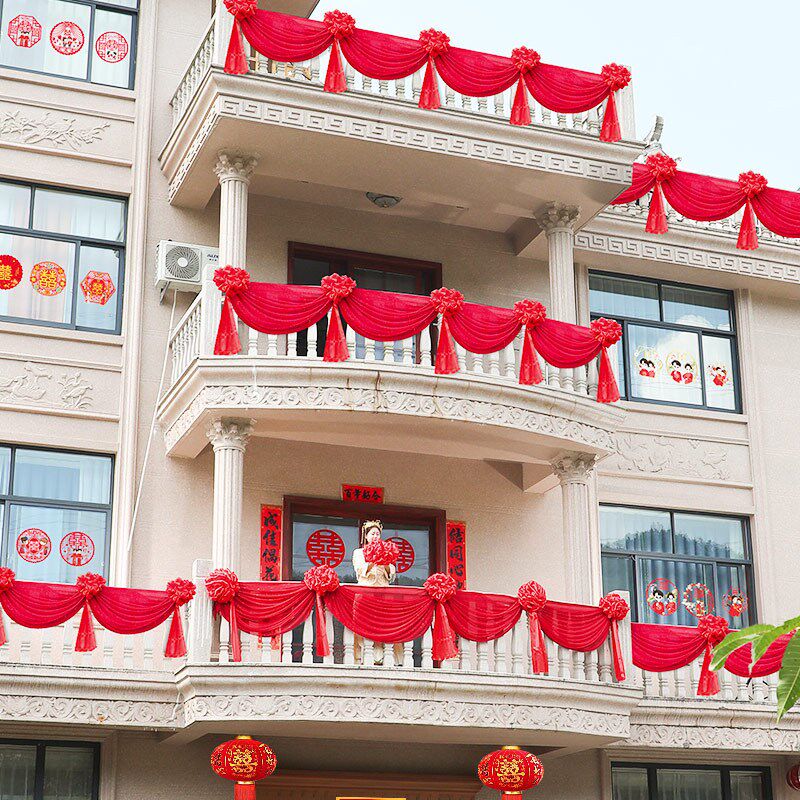农村结婚别墅阳台美人纱装饰男方新房客厅扶梯纱幔大红花一整套装