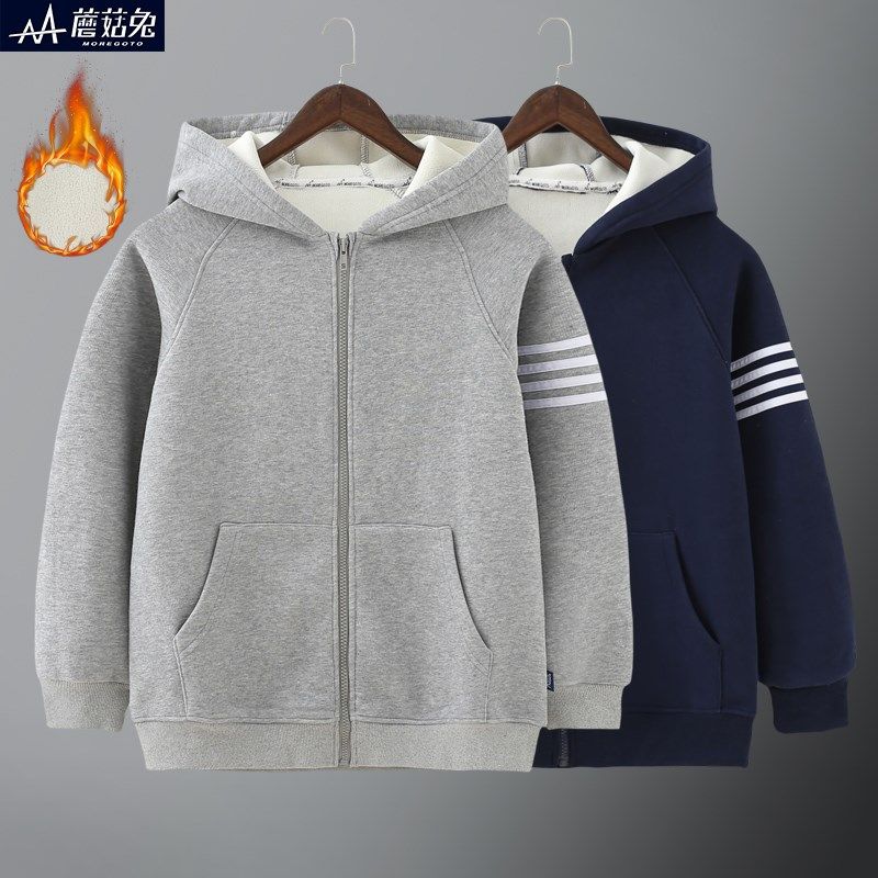 胖男童加绒外套中大童连帽拉链衫2023新款秋冬装加肥加大学生卫衣