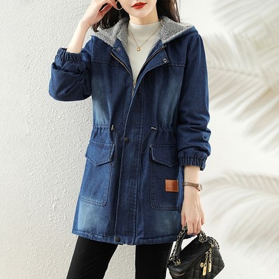 宽松大码棉服防风牛仔外套女2024冬季新款中长加绒加厚羊羔毛棉衣