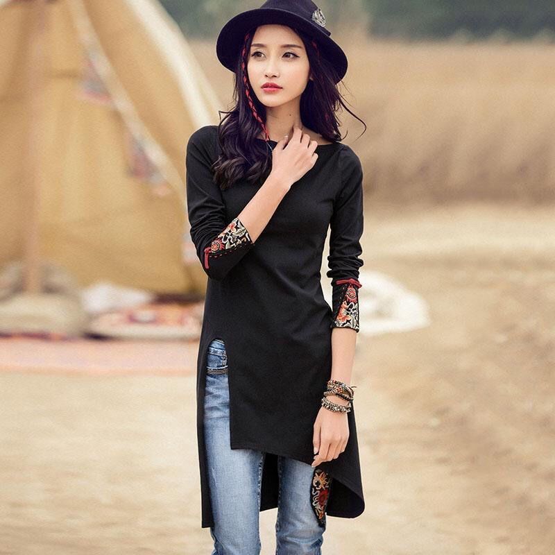 大码中长款长袖T恤女2024春秋新款一字领开叉上衣修身绣花连衣裙,女装/女士精品,T恤,淘宝优惠券,粉丝福利购,淘宝优惠卷