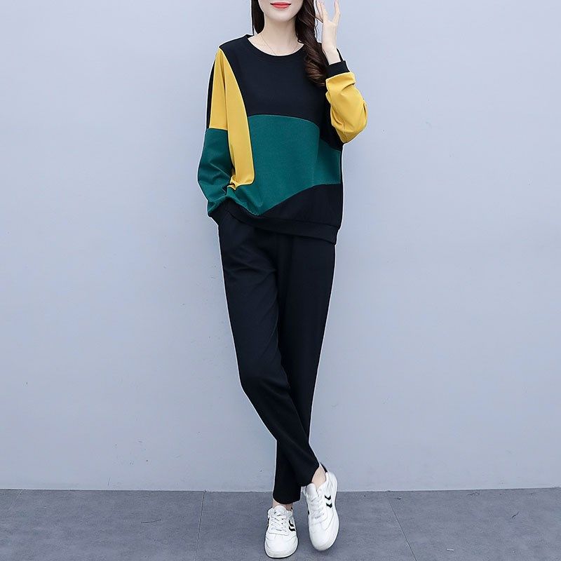 胖mm遮肚藏肉套装女时尚撞色圆领长袖卫衣+休闲长裤子大码两件套,女装/女士精品,时尚套装,淘宝优惠券,粉丝福利购,淘宝优惠卷
