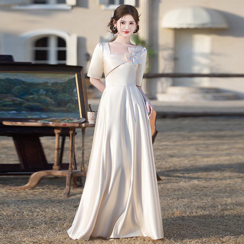 大码香槟色缎面伴娘服2025新款夏季伴娘团礼服裙女日常可穿晚礼服