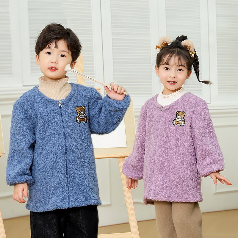 秋冬季儿童罩衣外穿羽绒服罩衫加绒泰迪绒防脏围裙男女童加厚外套