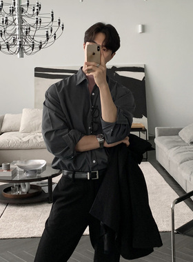 春秋季新款帅气咖灰色衬衫男长袖韩版潮流宽松商务休闲衬衣高级感