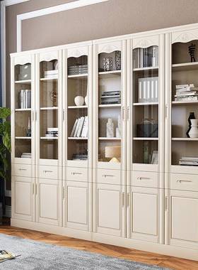 全实木柜子书书橱带玻璃门书现代简约架中式组合橡落地白色木RDV