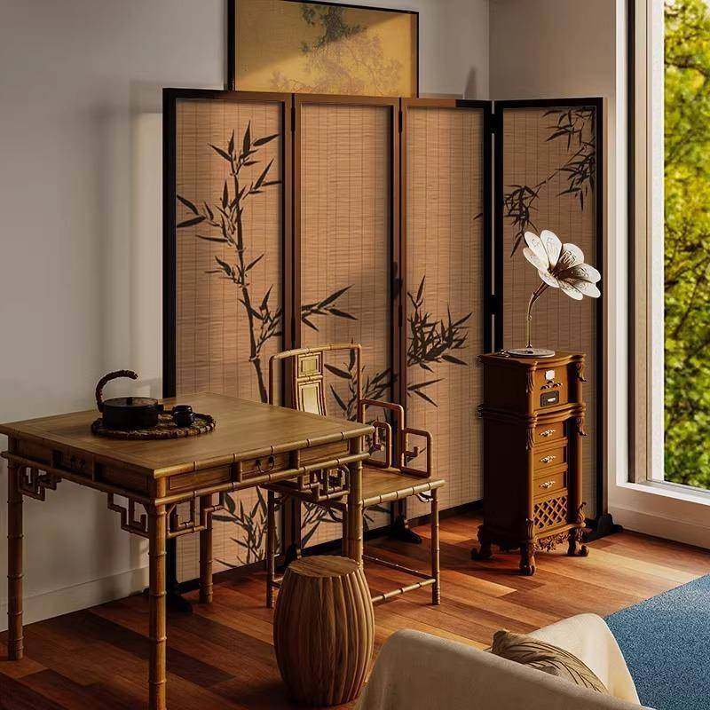 式美宋学古室典新中ZIC式折叠画关纱屏风隔断客餐厅卧室玄茶竹子