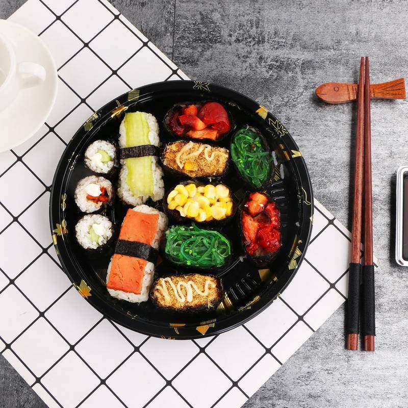 一次性圆盘寿司盒子日KCX批式打包盒圆形花刺身印包拼盘打盒商用