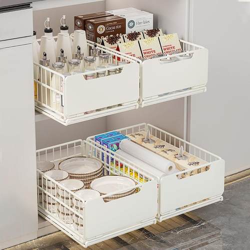 厨房置物架橱柜内抽拉式拉篮下水槽单层调料架滑轨抽屉分层收纳架