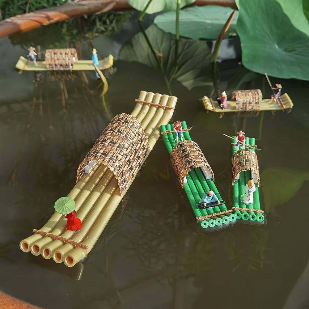 竹筏船模型假山盆景吸水石配件迷你摆件饰品可下水漂浮江南小木船