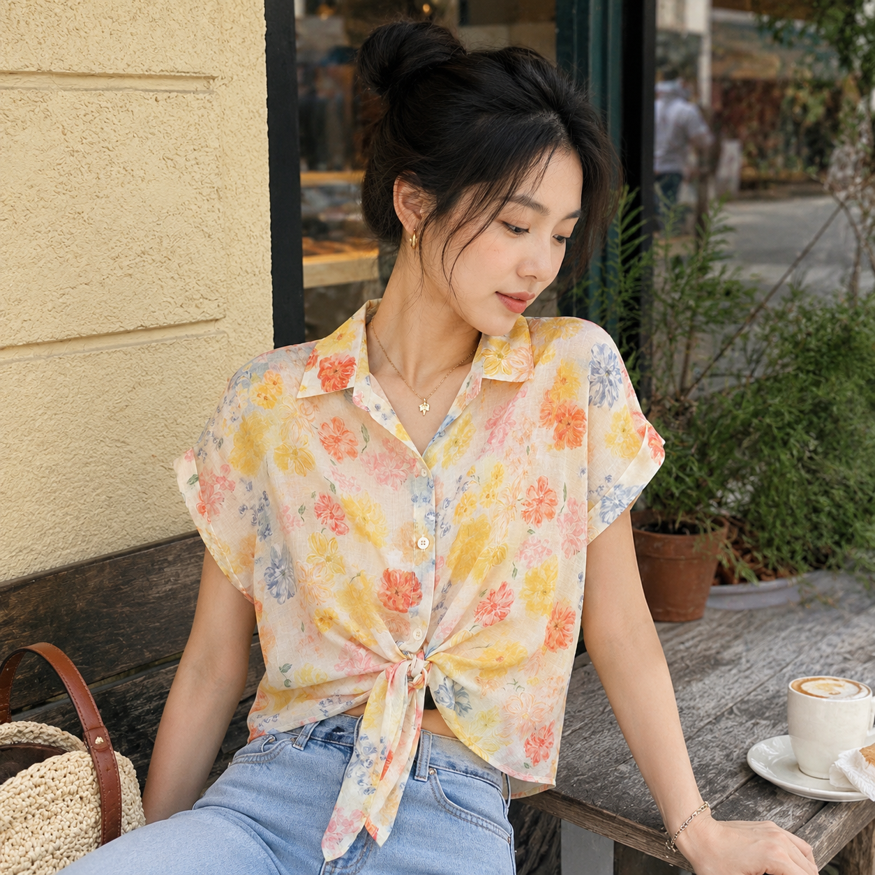 夏季新款法式碎花雪纺衬衫女宽松短袖系带外搭上衣薄款透气休闲风