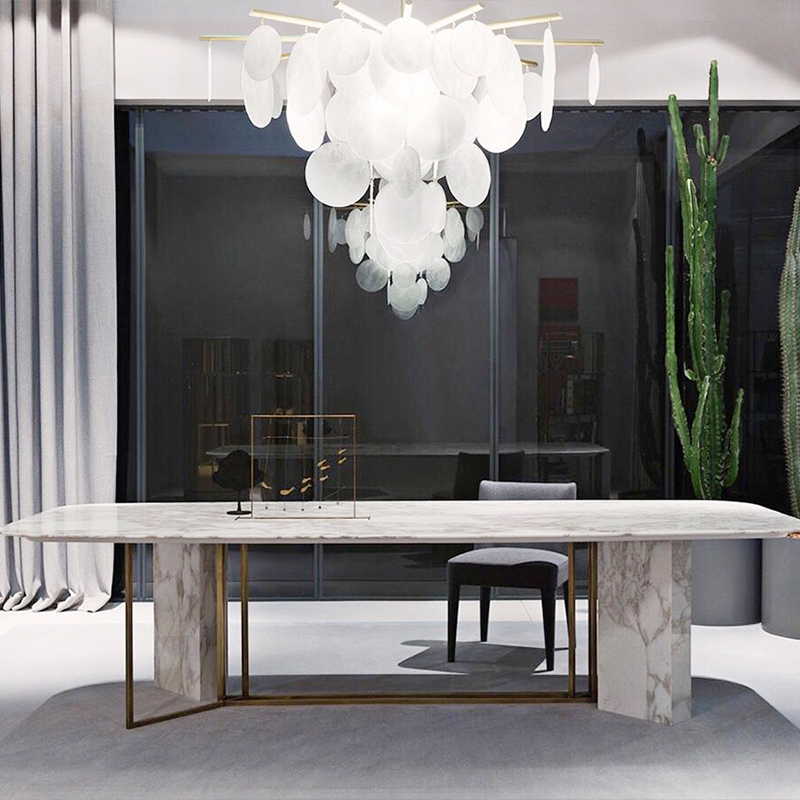 精品现代简约风格天然大理石餐桌  金属拉丝质感底座黑白两色可选