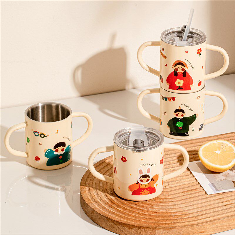 不锈钢杯子儿童水杯家用牛奶杯子宝宝喝水吸管杯带盖双耳防摔水杯