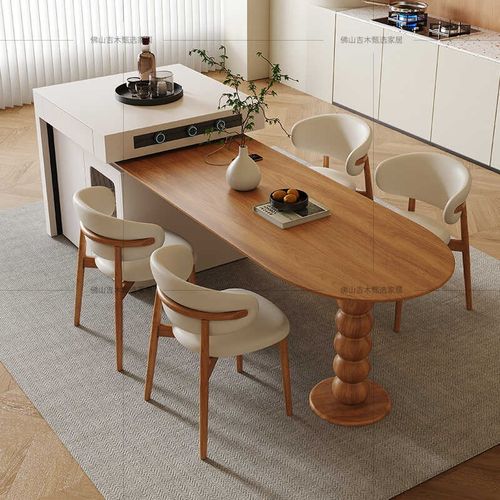 中古风岛台餐桌一体可伸缩高端原木色家用大户型开放式餐厅中岛台