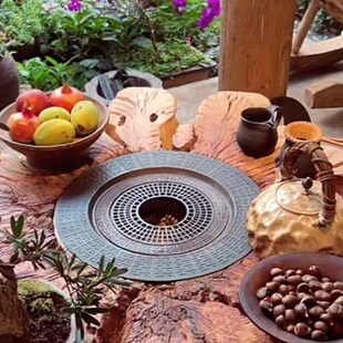 炭炉无烟碳烧烤大墩子款 铁篦子铜篦子平面回纹面板配 车轴车轱辘款