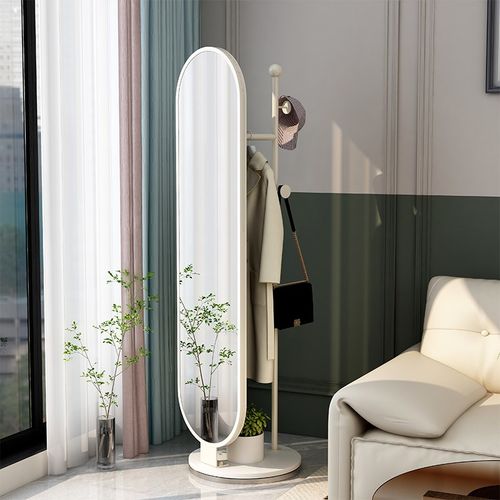 奶油风落地旋转穿衣镜衣帽架一体简约家用卧室多功能全身镜挂衣架