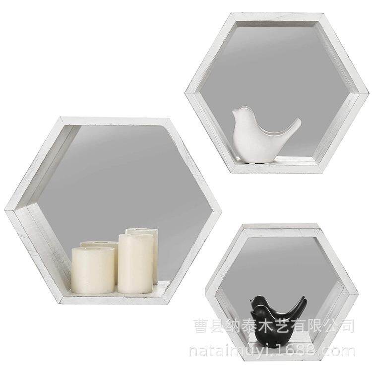 边形几何制金属镜子装木饰储物壁架搁架安装六套装壁挂置物架NT-W