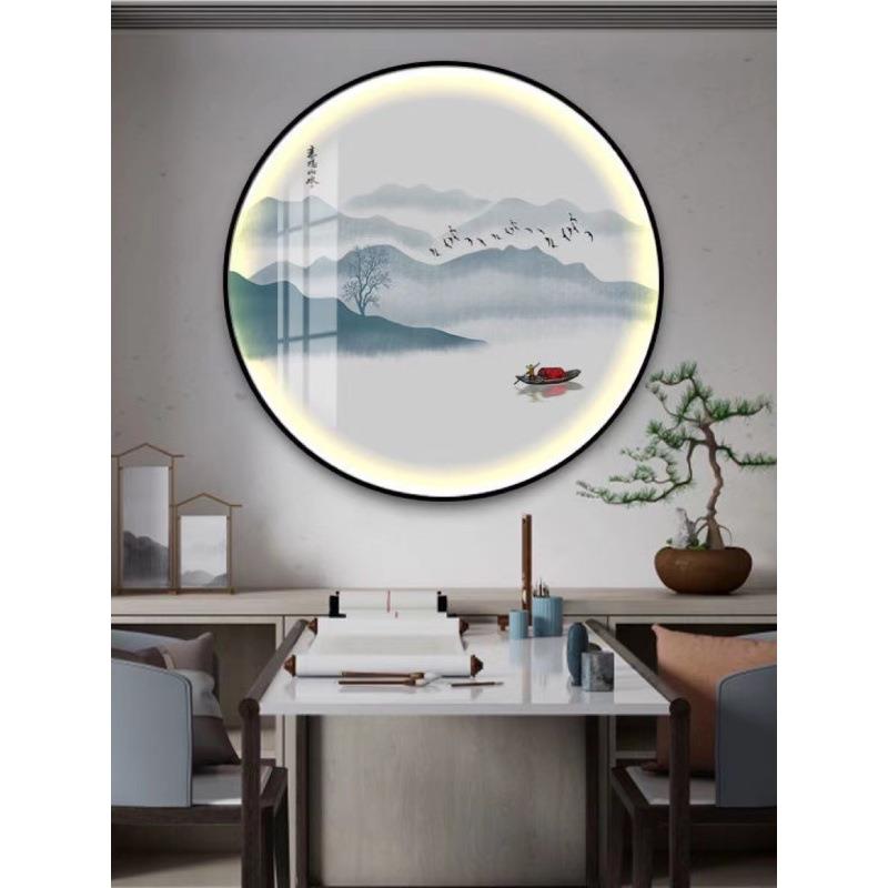 新中式圆形灯玄关书房背景装墨饰画画水风景意山水UVY境茶室圆挂