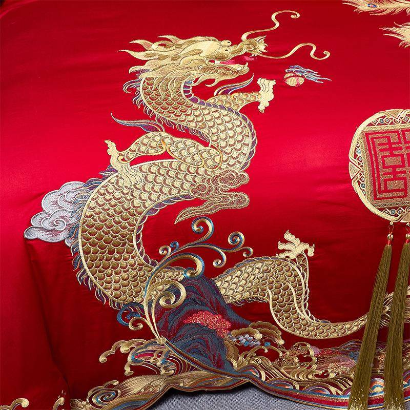 高端长绒棉刺四棉件套结婚绣陪棉嫁tianmi全被套纯床单龙凤婚庆床