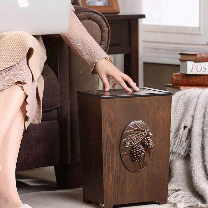 室美式创意有盖垃用圾桶木新中式客厅厨房卧卫生间家带盖垃圾119