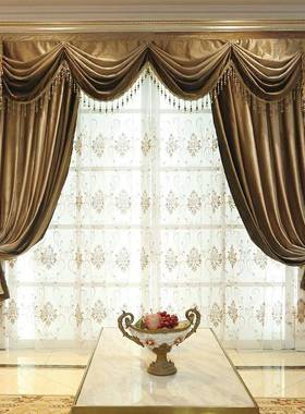 I44826F9欧式窗帘大气奢厅墅卧室遮光厚绒布简欧客窗幔帘头别成品