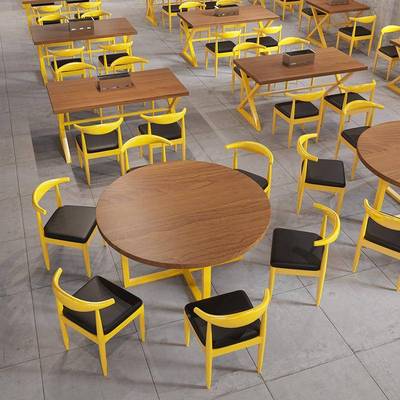 工艺业风铁实木餐桌椅组合出租屋食堂公司校吃饭学休闲实餐QTM木