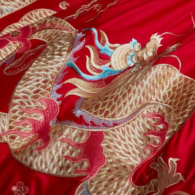 新婚庆刺绣棉A尹黛666高密长绒四件套高端大红新中式款纯棉件套床