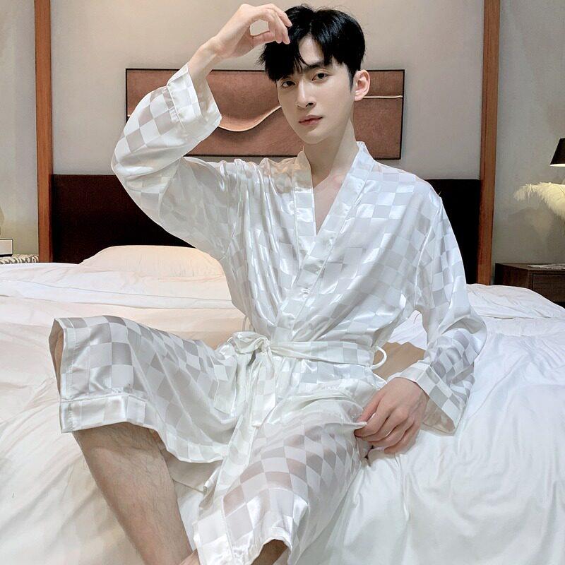 夏季男士睡袍冰丝睡衣长袖白色浴袍丝绸薄款家居服晨袍春夏款大尺