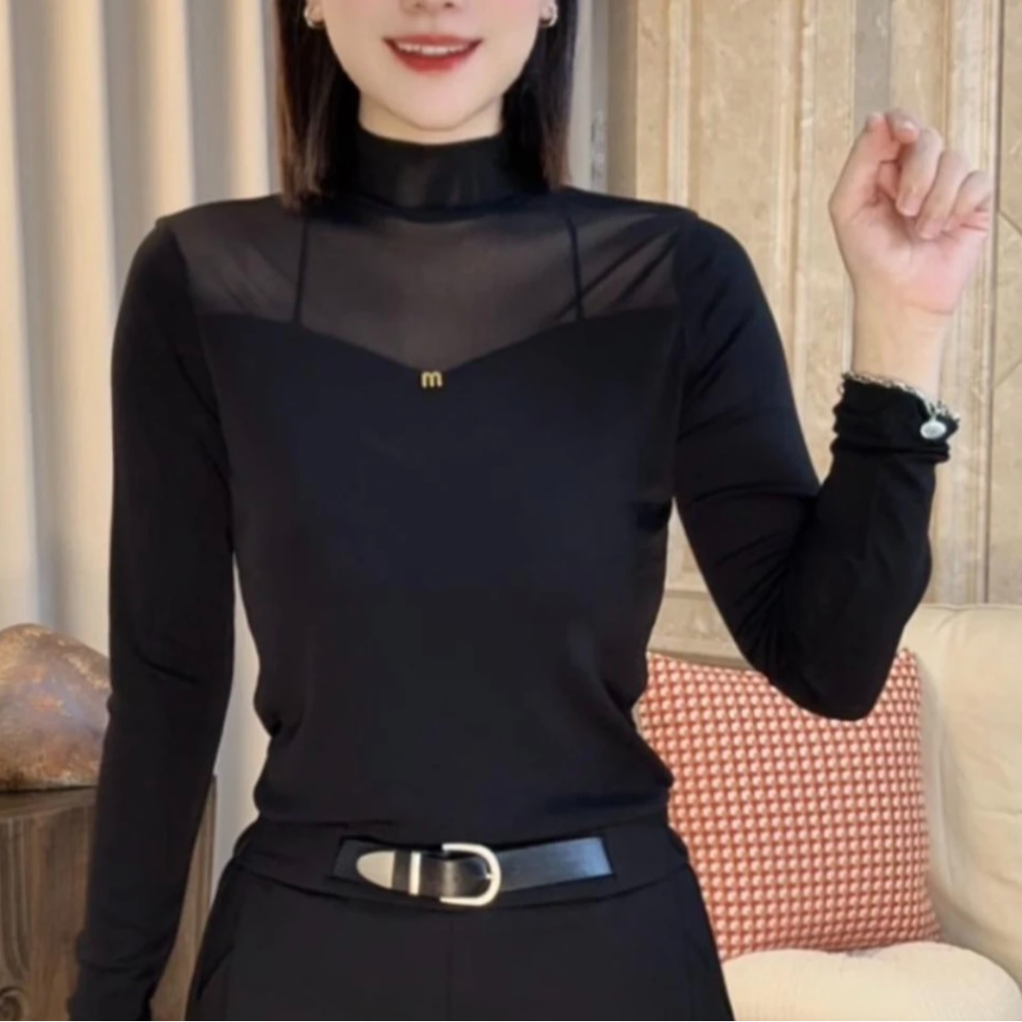 半高领网纱打底衫新款