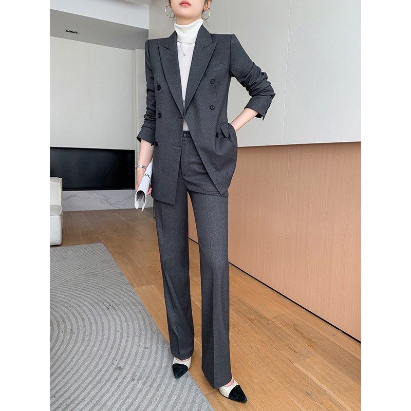 灰色西装套装女高级感春秋气质女神范职业正装阔腿裤休闲西服外套